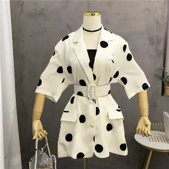 

2019 New Half Sleeve Print Polka Dot Blazers Women Elegant Sashes Thin Blazers Long Summer Clothing Slim Coats