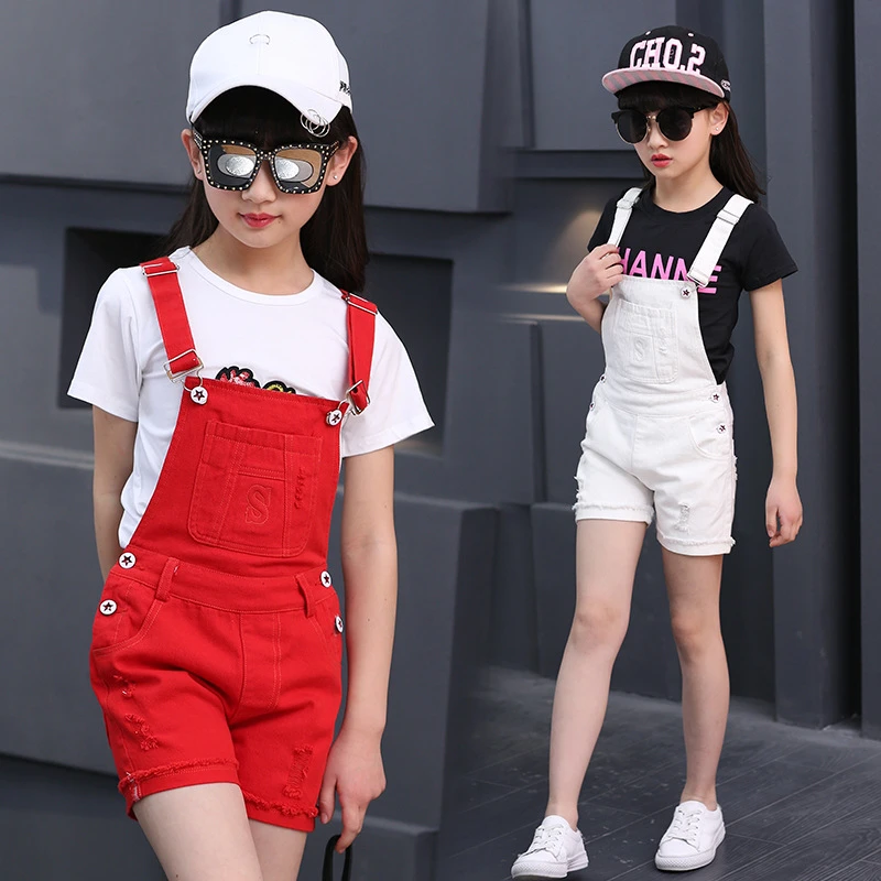 red dungaree shorts