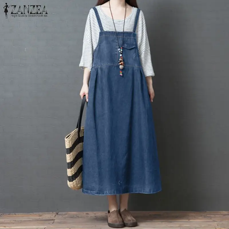 

Women's Sundress Denim Blue Overall Dress Kaftan 2019 ZANZEA Casual Midi Vestidos Female Autumn Strap Jean Robe Femme Oversized
