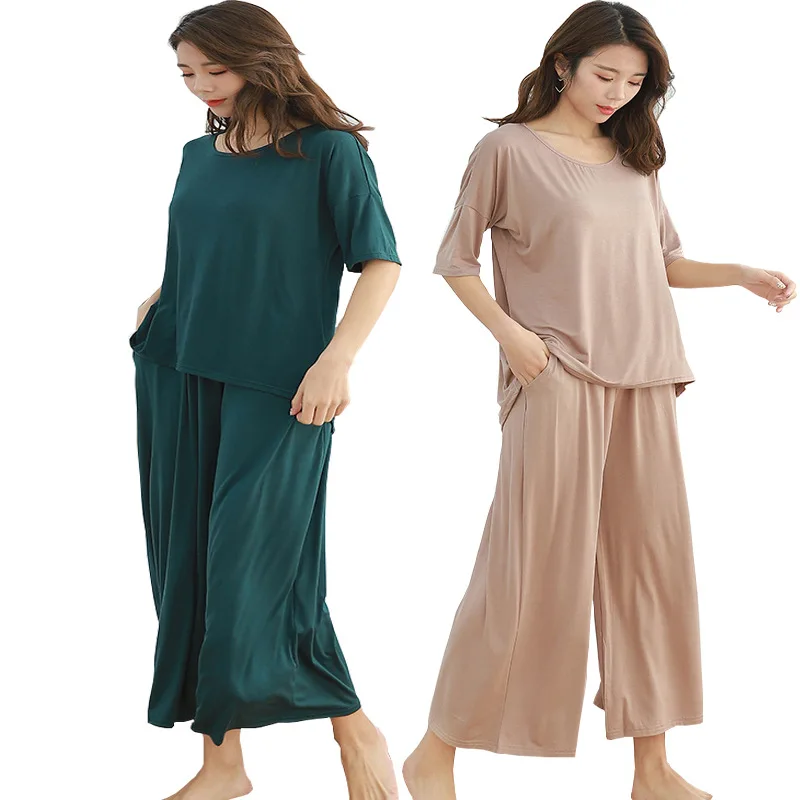 

2/pcs 9-minute wide-legged trousers 5-minute T-shirt Women Pajamas Sets 2019 Spring Long Sleeve Casual Sleepwear Suit Home Wear