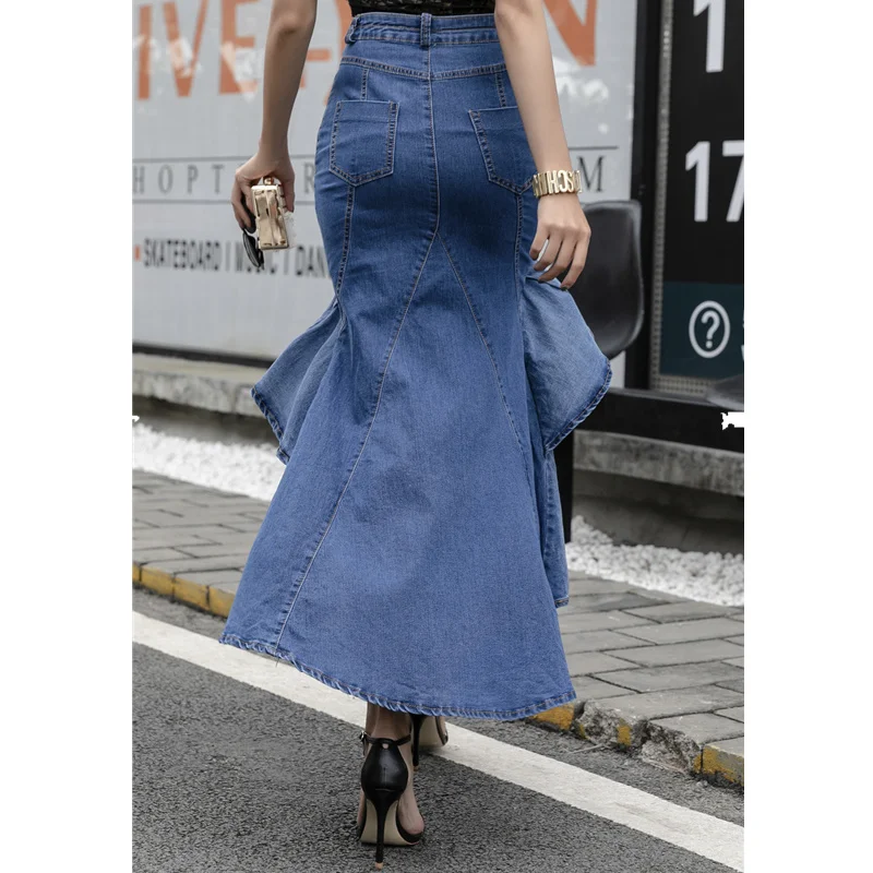 Летняя джинсовая женская юбка с высокой талией, длинная джинсовая юбка в европейском и американском стиле, Сексуальная Асимметричная высокая низкая юбка-Русалка с оборками