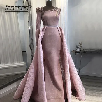 

Pink Muslim Evening Dresses Mermaid One Shoulder Crystals Beads Lace Detachable Dubai Saudi Arabic Evening Gown Prom Dress