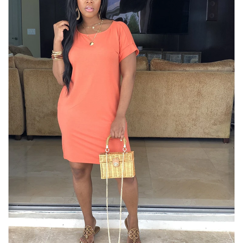 

Women Beach Casual Solid Sexy Short Sleeve Dress Summer O Neck Female European&American Streetwear Loose Dress SJ2320U