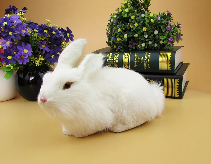 

real fur about 20x13cm white prone rabbit model ornament decoration gift h1314