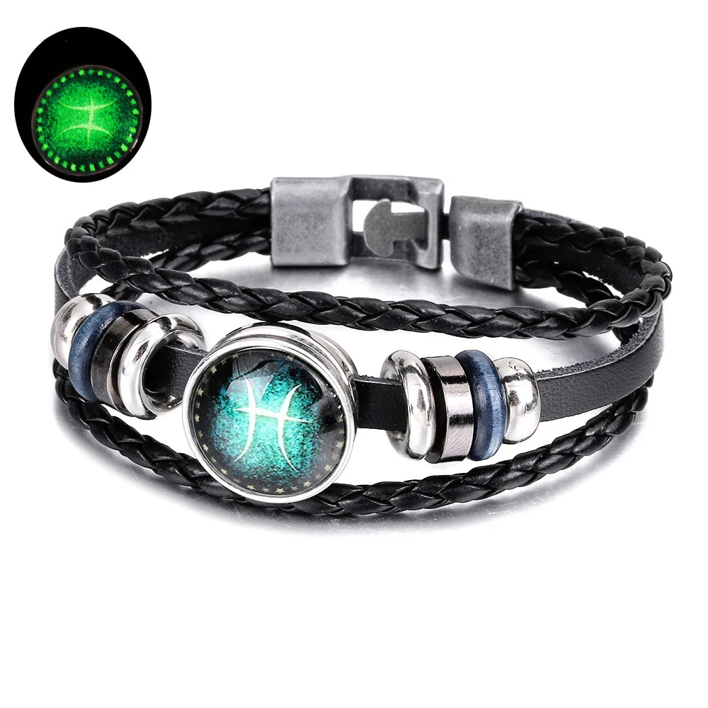 12 Созвездие светящийся браслет мужской кожаный браслет, бусина браслеты Aries Pisces Aquarius Leo Libra Gemini ювелирные изделия подарок - Окраска металла: XZS006-12