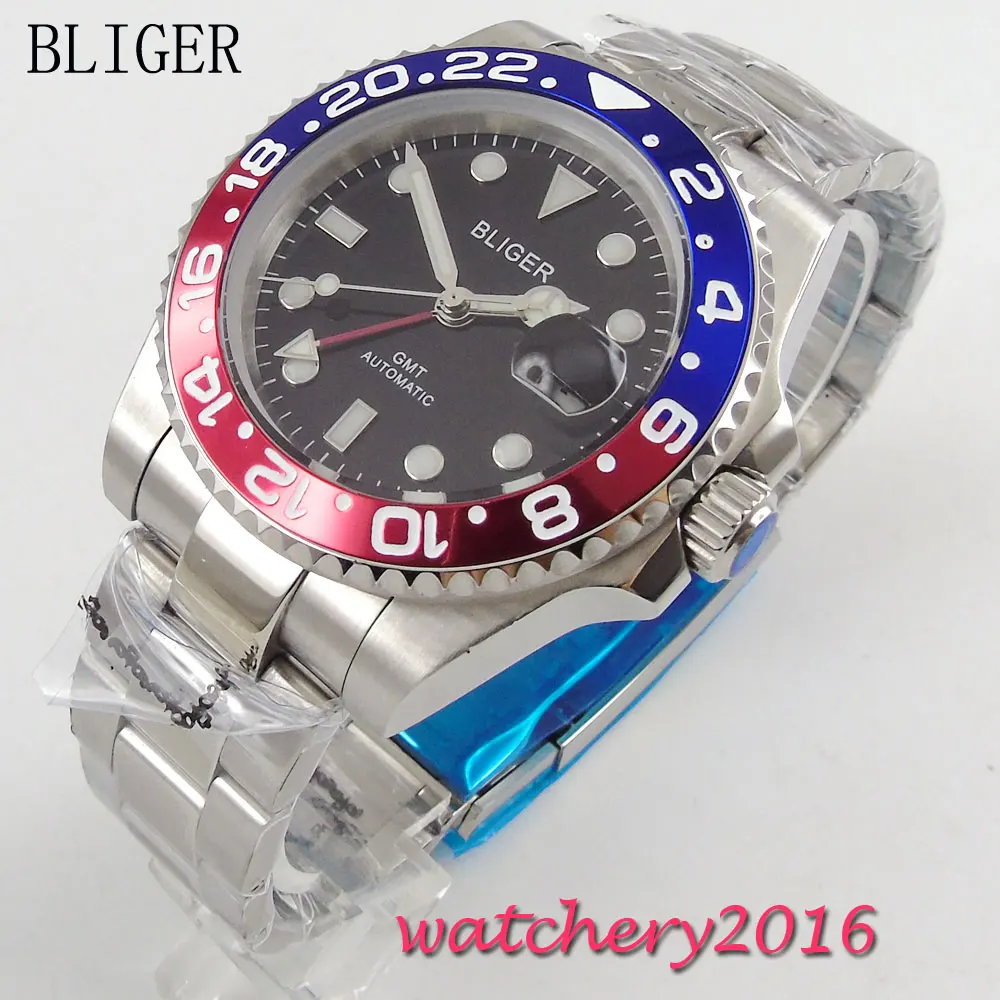 40mm Bliger black Dial Deployment Clasp Luminous Hands Sapphire Crystal GMT Automaic Movement Men's Watch 40mm Bliger black Dial Deployment Clasp Luminous Hands Sapphire Crystal GMT Automaic Movement Men's Watch