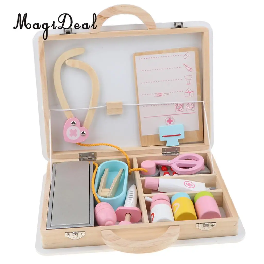 15 Pieces Wooden Medical Kits Box Carry Case Doctor Nurse Game Role Playing Set Kids Toy Educational