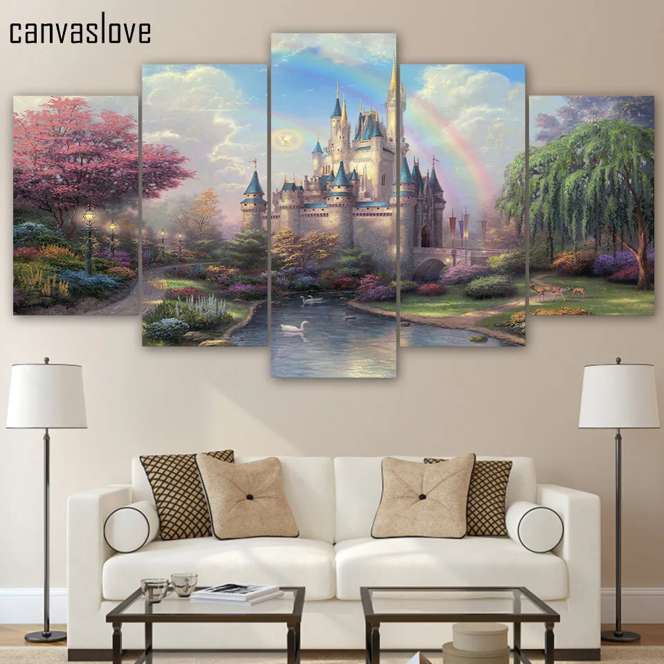HD printed 5 piece canvas art cinderellas castle painting wall art