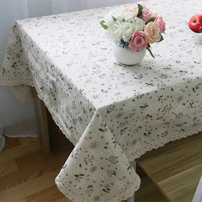  Pastoral Linen Table Cloth Dandelion Printed Nappe Rectangulaire Tablecloth Lace Edge Table Cover f
