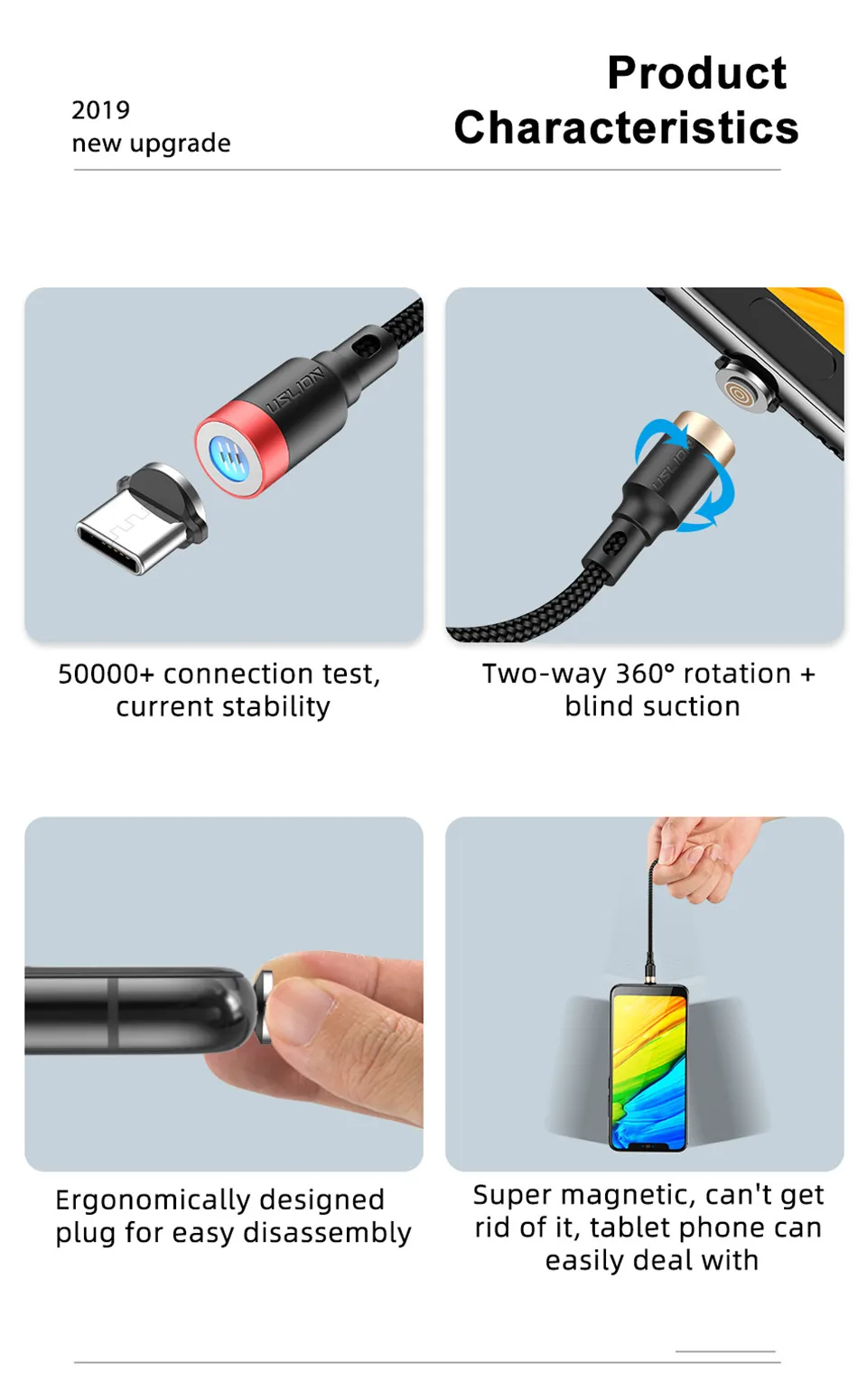 Магнитный кабель USLION 2 м 3 м 3 А Micro usb type-C кабель для быстрой зарядки type-C кабель для samsung S10 Xiaomi Microusb магнитное зарядное устройство