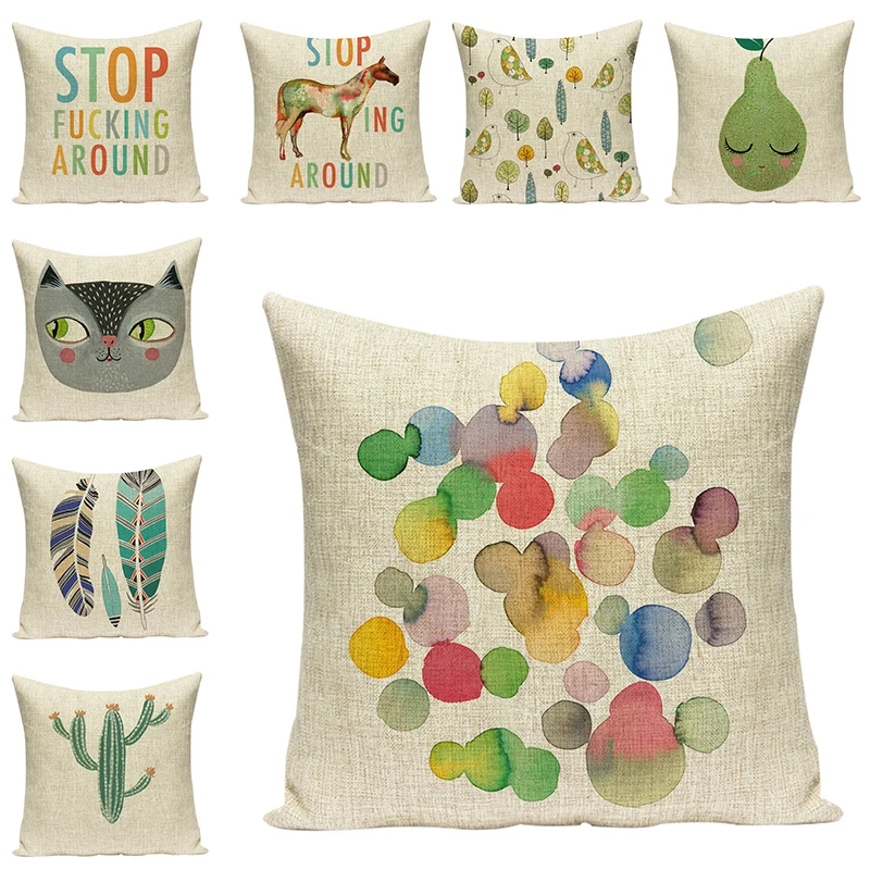 

Owl Sofa Decorative Cushions Animals Pattern Pillowcases Simple Trees Printed Cotton Linen Pillows For Chair Cushions Home Decor
