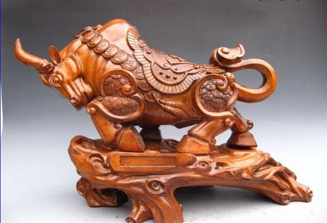 

150401 S0055 15"Chinese Wood handwork Carved Fengshui Money OX Bull Statue discount 30% (C0324)