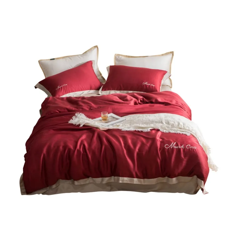 

2019 Wine Red Scandinavian Artificial Silk Bedlinens Embroidery Bedding Set Queen King Size Duvet Cover Set Pillowcases