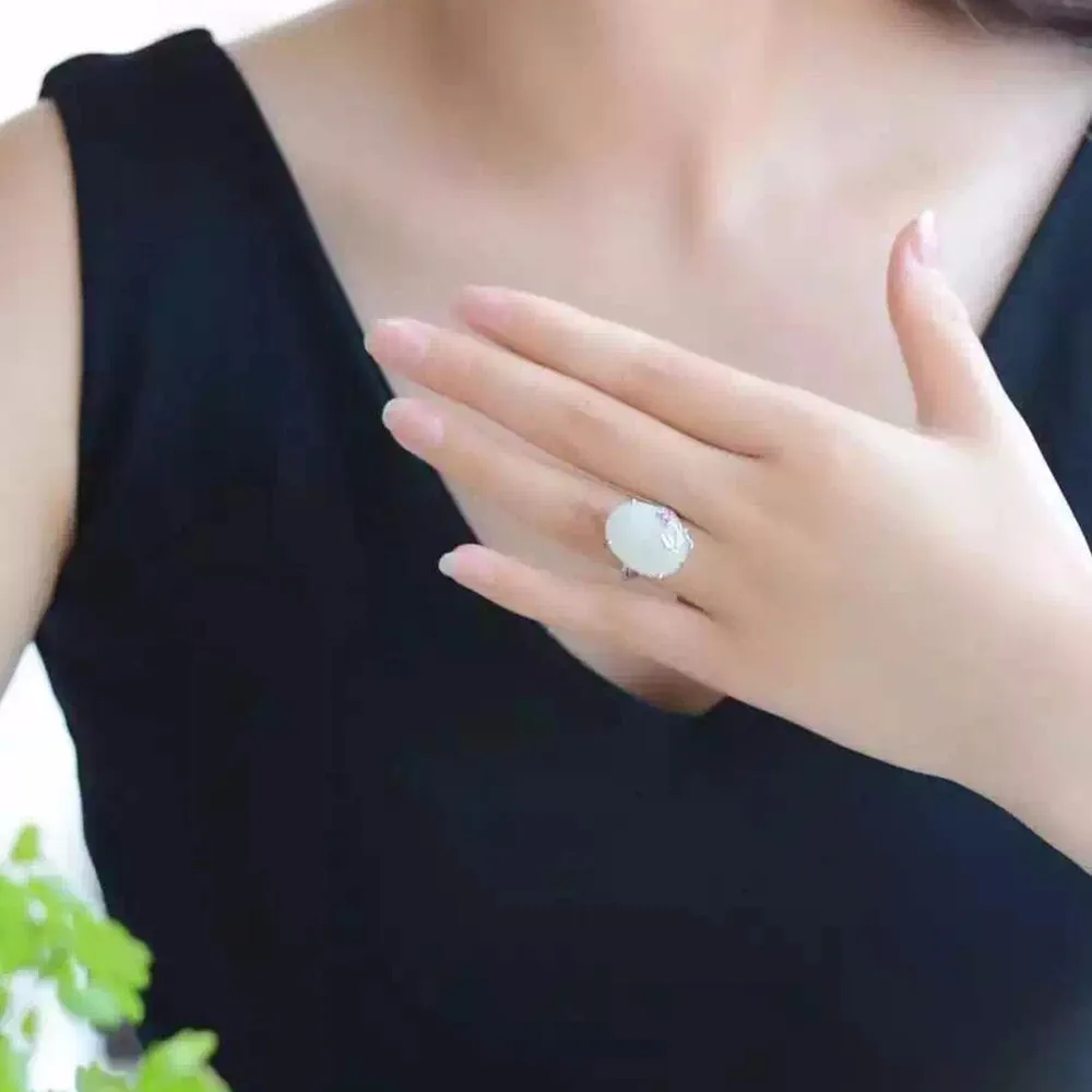 Кольцо из белого нефрита в китайском стиле, высокое качество, 12 мм* 16 мм, молочно-белый натуральный нефрит, Настоящее серебро 925 пробы, нефритовое кольцо для женщин