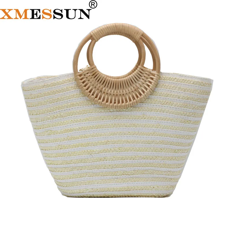 Fashion 2018 Summer Circle Wooden Handle Knitted Handbag Straw Bags for Women Tote bag Crossbody ...