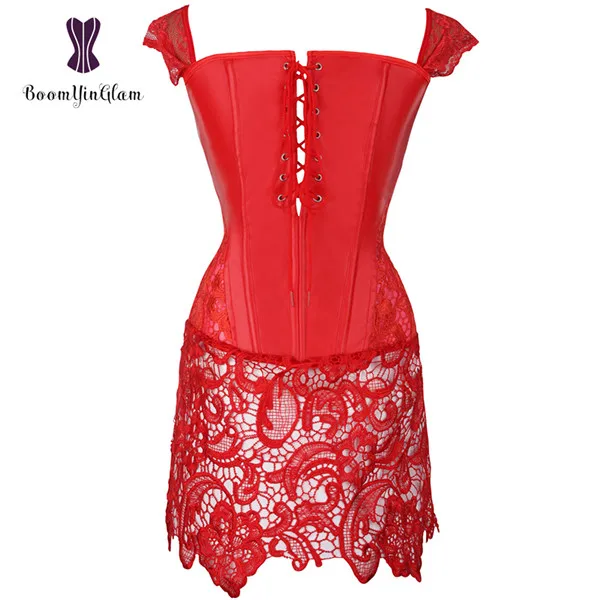 Back Zipper Women's Gothic Lace Up Front Punk Faux Leather Bustier Corset Dress Plus Size Lingerie 903 - Цвет: Red
