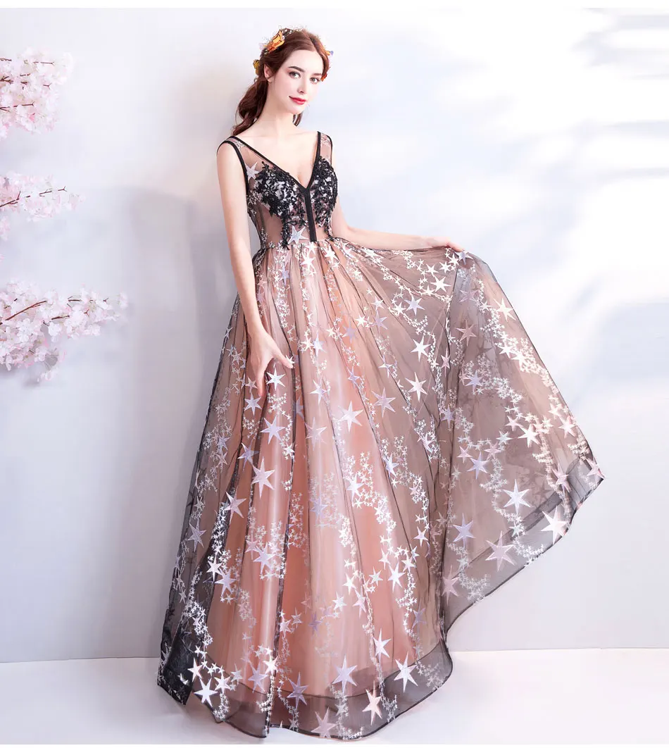 Stars Decoration V-neck evening dresses embroidery Illusion long Prom gown Junior girls birthday party dress vestido de festa Stars Decoration V-neck evening dresses embroidery Illusion long Prom gown Junior girls birthday party dress vestido de festa