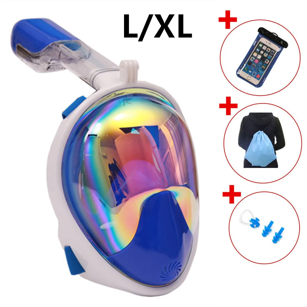 Blue SET L XL Маска для подводного плавания с полным лицом панорамный вид анти-туман Анти-утечка плавание трубка Подводное плавание маска GoPro Совместимость - Цвет: Blue SET L XL