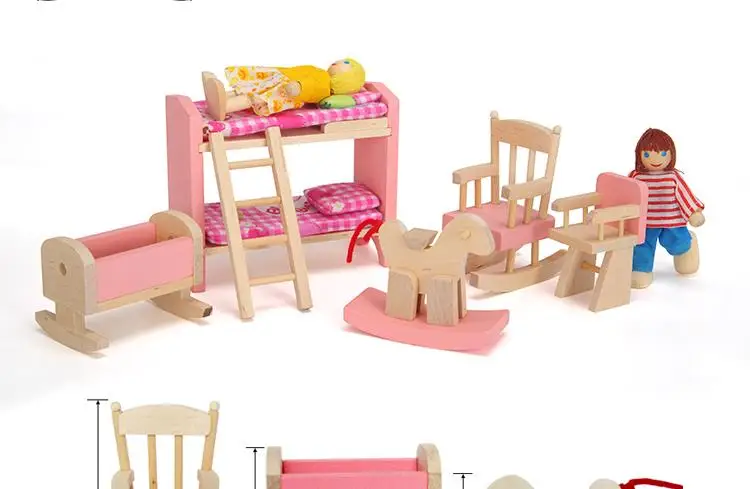 6 rooms children whole set wood pink furniture doll house toys/ Kids girls birthday gifts of wooden kitchen bathroom bedroom toy