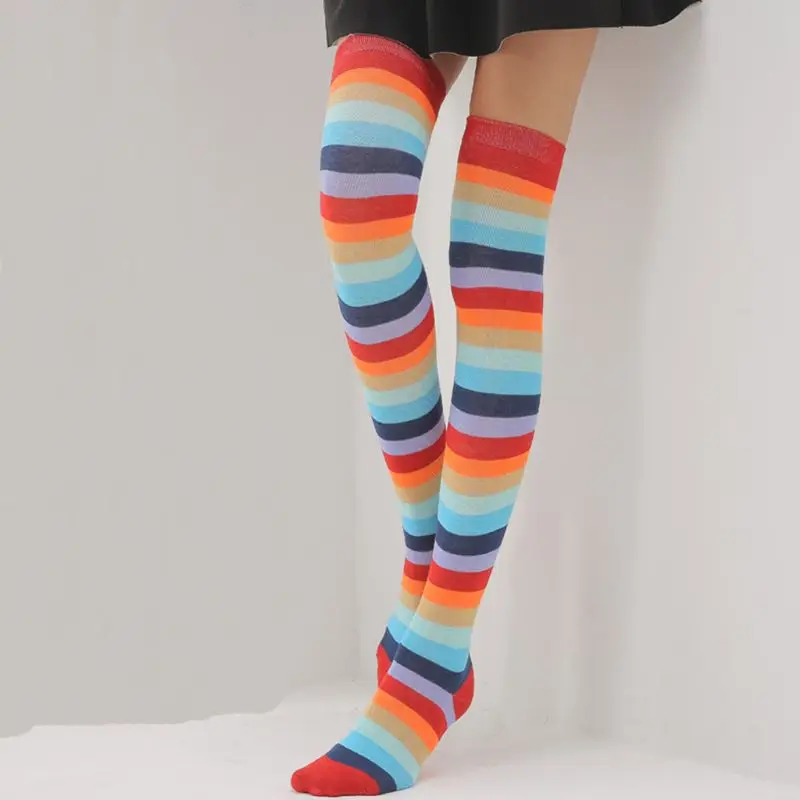 Высокие ботинки в разноцветную радужную полоску для женщин и девочек высокие чулки трикотажные носки выше колена хлопковые гетры Вечерние
