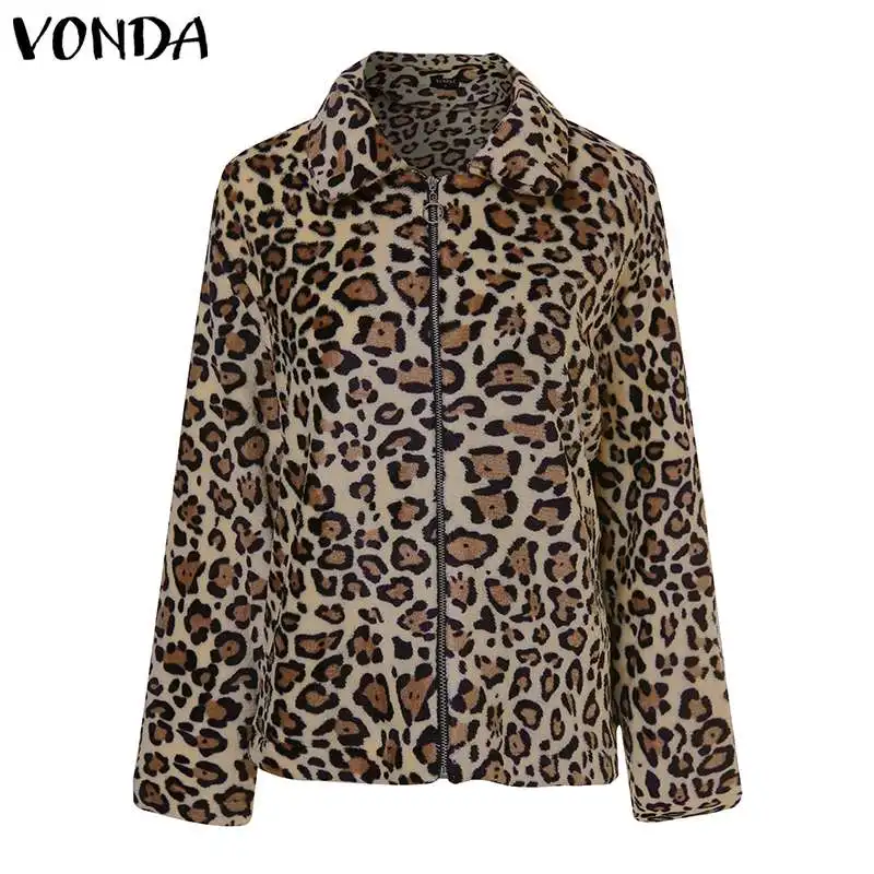 VONDA леопардовые пальто женские куртки Сексуальная набивная молния верхняя одежда зимнее пальто из искусственного меха Осенняя женская теплая верхняя одежда плюс размер