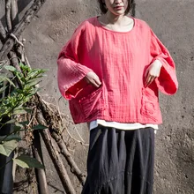 Дизайн хлопковая футболка Для женщин футболка свободного кроя с длинным рукавом футболки Короткие Стиль D427