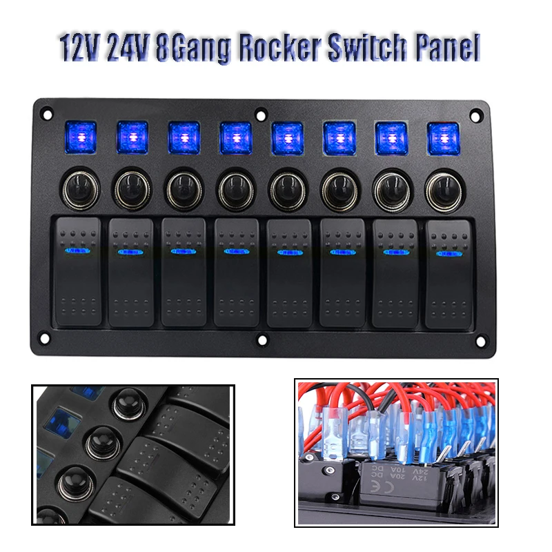 

12V 24V 8 Switch Panel Waterproof Toggle Car Auto Boat Marine Red Led Rocker Switch Panel Circuit Breakers With Fuse For Marine