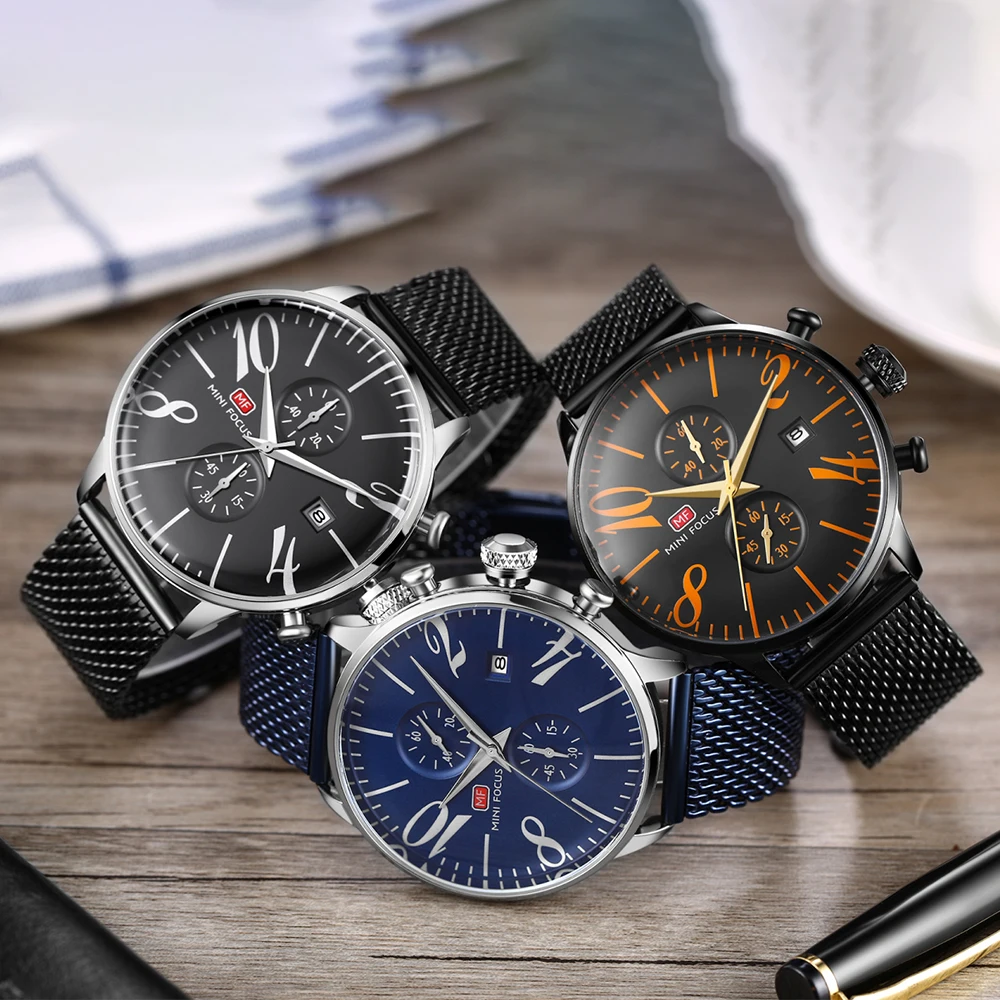 MINIFOCUS Man Quartz Stainless Steel Mesh Belt Chronograph Watch Men Relogio Masculino Fashion Brand Clock For Male Reloj Hombr