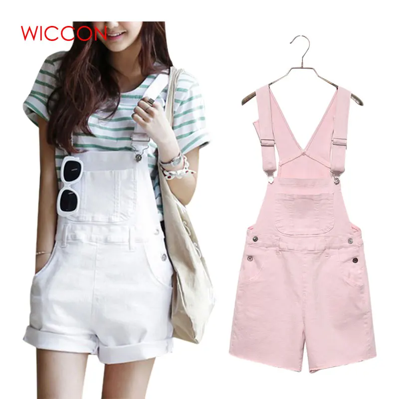 

Women Summer Denim Shorts Overalls Casual Loose Slim Denim Candy Color Pockets Straps Shorts