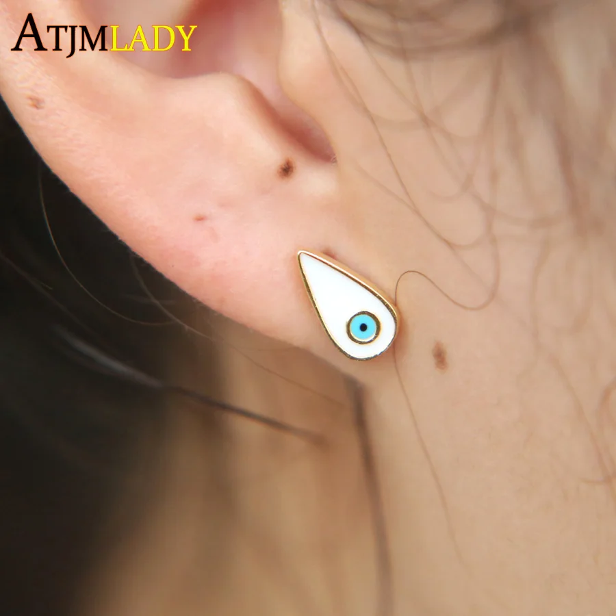 

Earrings 2018 New Arrive 100% 925 Sterling Girlfriend Gift Enamel Turkish Tear Drop Evil Eye Tiny Cute Studs Dainty Earring
