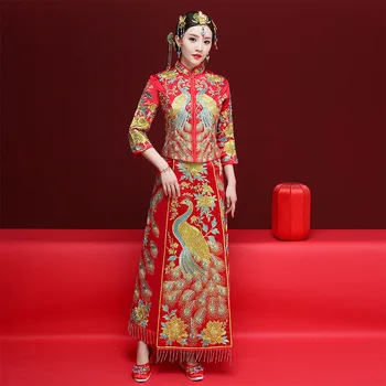 

Peacock New Marriage Tang Costumes Elegant Bride Wedding Evening Party Dress Slim Long Cheongsam Chinese Style Vintage Qipao