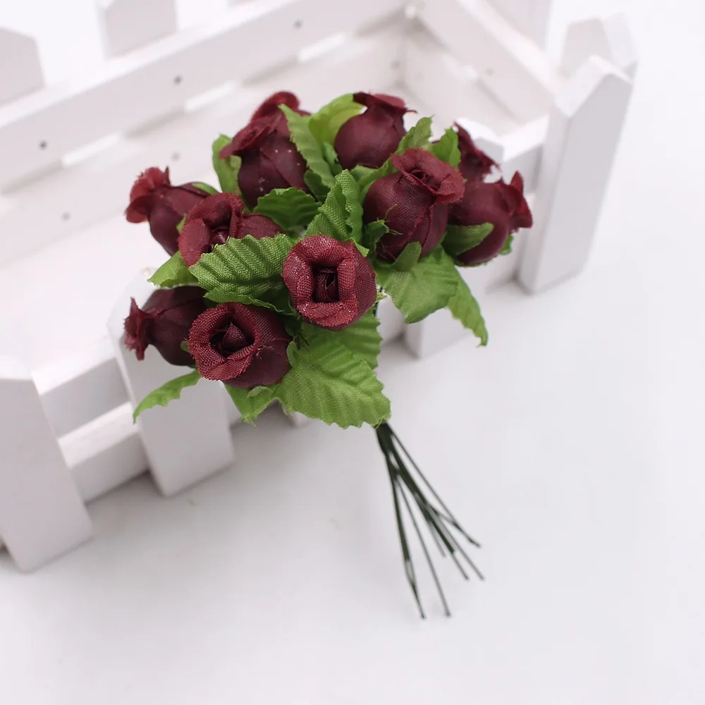 12 шт. 2 см мини букет роз из шелка свадебное украшение искусственный цветок DIY wreath collage ручной работы ремесло украшение искусственные цветы - Цвет: Red wine