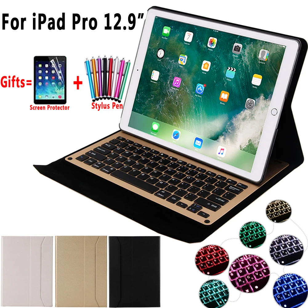 

7Color Backlit Aluminum Alloy Wireless Bluetooth Keyboard Ball Pattern Leath Case Cover for Apple iPad Pro 12.9 inch 2017 2015