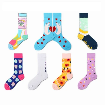 

PEONFLY New Cotton Women Socks Cartoon Abstract Pattern Colorful Funny Happy Socks Cute Kawaii Eyes Heart Casual Harajuku Socks