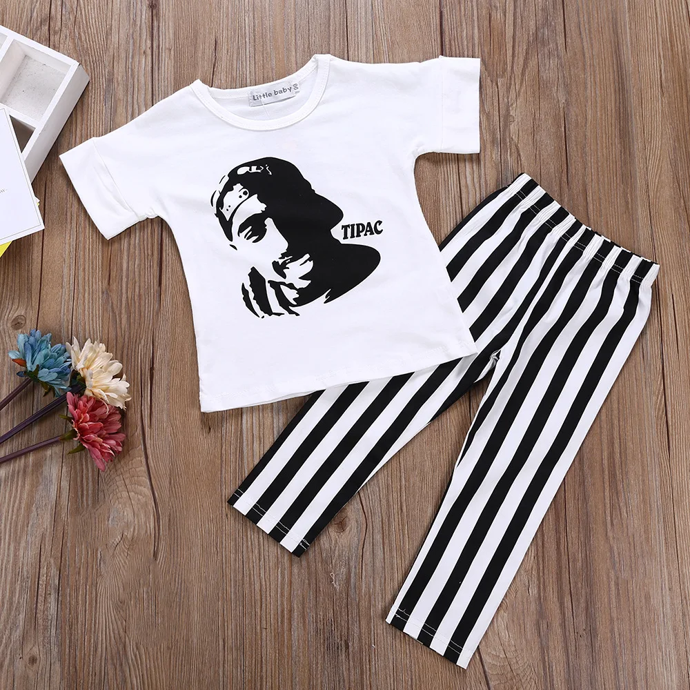 

2pcs Kids Boys Girls Clothes Figure Printed T-Shirt And Striped Pants Sports Outfits Children Clothing Set