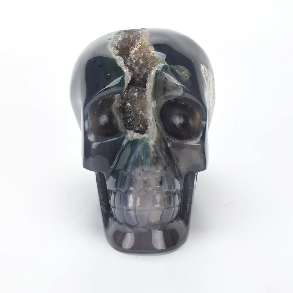 

4.5''Realistic Crystal Skull Statue Carved Natural Agate Geode Reiki Healing Black Gemstone Figurine Feng Shui Home Decor