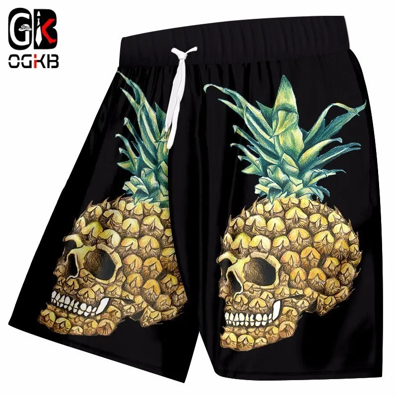 Shorts da Praia dos Homens Roupa de Banhos Calças de Cintura Elástica com Cordão Engraçado Impressão Abacaxi Ogkb Crânio 3d Bermudashort Homem Hiphop 5xl