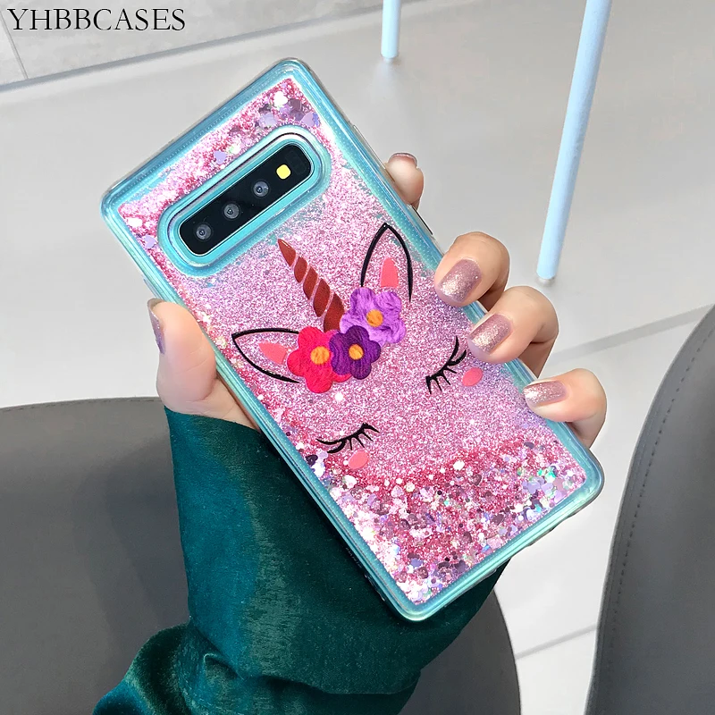 YHBBCASES Единорог каблуки мягкий чехол для samsung Galaxy S8 S9 S10 Plus Note 8 9 динамические жидкие блестящие чехлы с сердцем для iPhone 6S 7