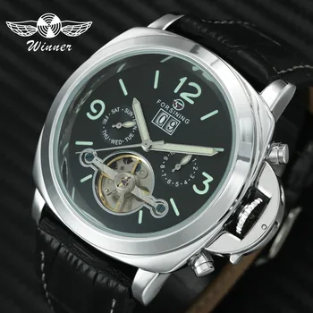 

FORSINING Fashion Tourbillon Watch Men Genuine Leather Strap Skeleton Tooeau Dial Date Mechanical Mens Watches Top Brand Luxury