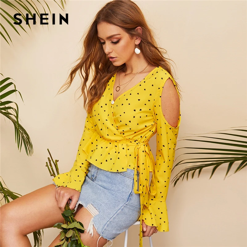 SHEIN Boho ярко-желтая блузка с открытыми плечами и поясом, конфетти, принт в виде сердца, Женская Весенняя блузка с v-образным вырезом и баской, элегантный топ, блузки