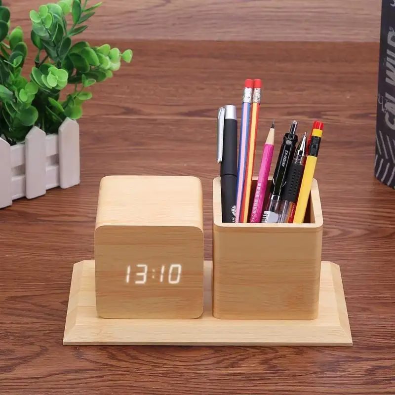 

Wood Color Smart Electronic LED Sound Control Alarm Clock Calendar Temperature Display Pencil Pen Holder Office Desk Organizer
