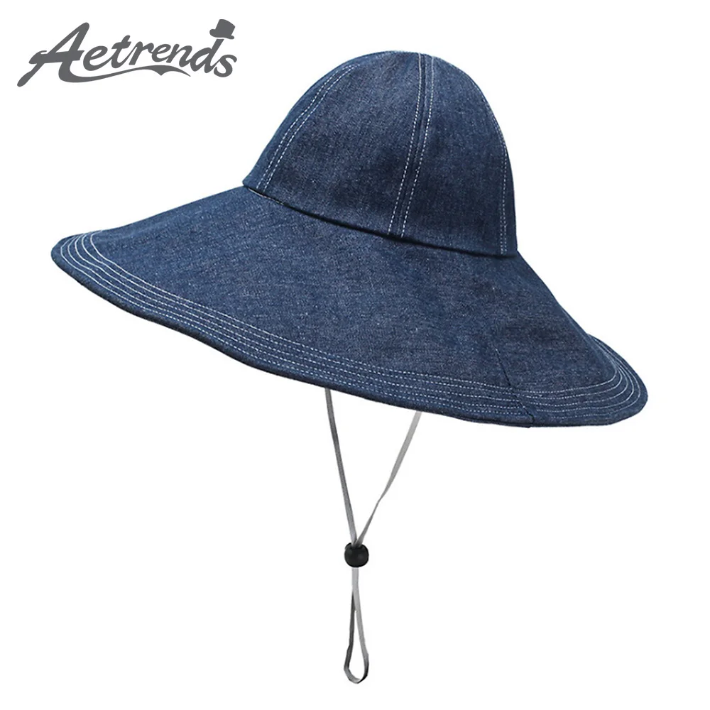 

[AETRENDS] Large Brim Cotton Denim Sun Hats for Women Beach Cap Summer Hat Outdoor Sunscreen Travel Caps casquette gorras Z-6885