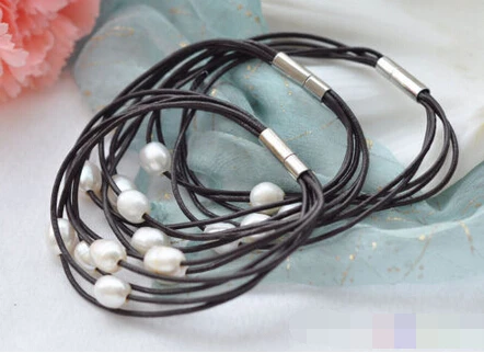 

Hot selling>@@ > 01362 wholesale white rice freshwater pearl hide rope bracelet 3pcs -Bride jewelry free shipping