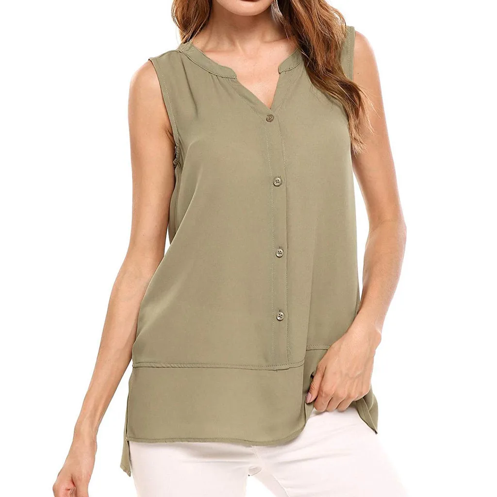 Fashion Women Summwe Solid V-Neck Sleeveless Buttons Chiffon Casual Tank Top Casual Tee Tops Tank Tops Vest Solid Color