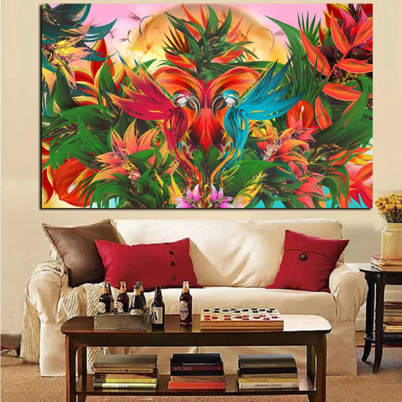 261 29 De Réductionimpression Tropicale Jungle Floraison Oiseau De Paradis Peinture à Lhuile Abstraite Sur Toile Mur Art Photo Affiche Pour Salon