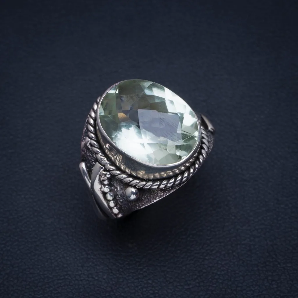 

Natural Green Amethyst Handmade Unique 925 Sterling Silver Ring 7.75 AU0056