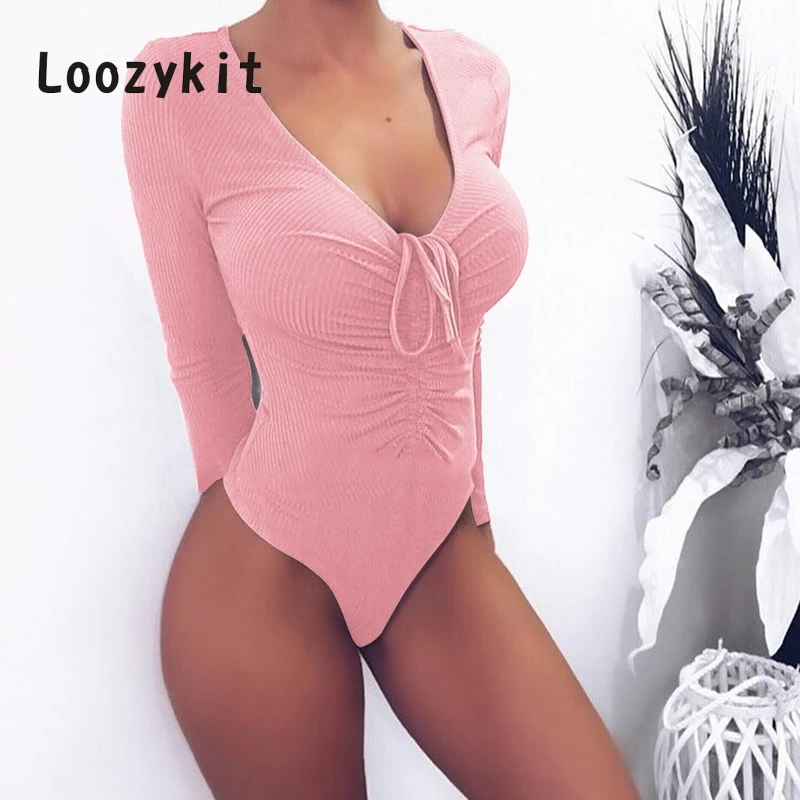 LOOZYKIT демисезонный для женщин пикантные Ruched узкие Корректирующие боди для твердые ребристые комбинезон кружево с длинным рукавом combinaison femme