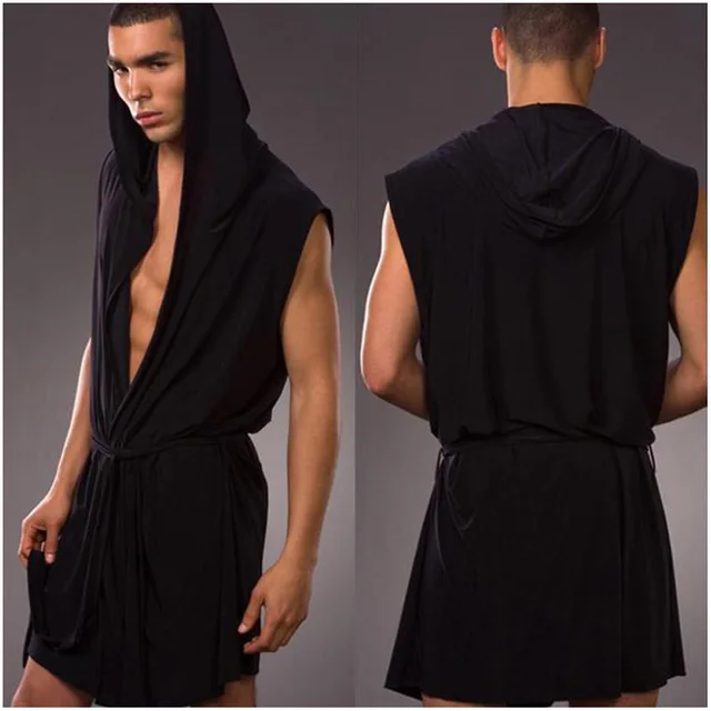 Best Price 2018 Fashion Men Sleeveless Hooded Robes Black White Gray Coffee Sexy Men Summer Silk Robe Gown Male Bathrobe Nightgown <br />