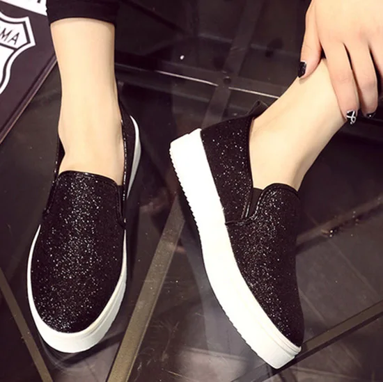 LIHUAMAO sequined fabric loafers women flats shoes slip on shoes round toe office career work party ladies causal shoes sneaker
