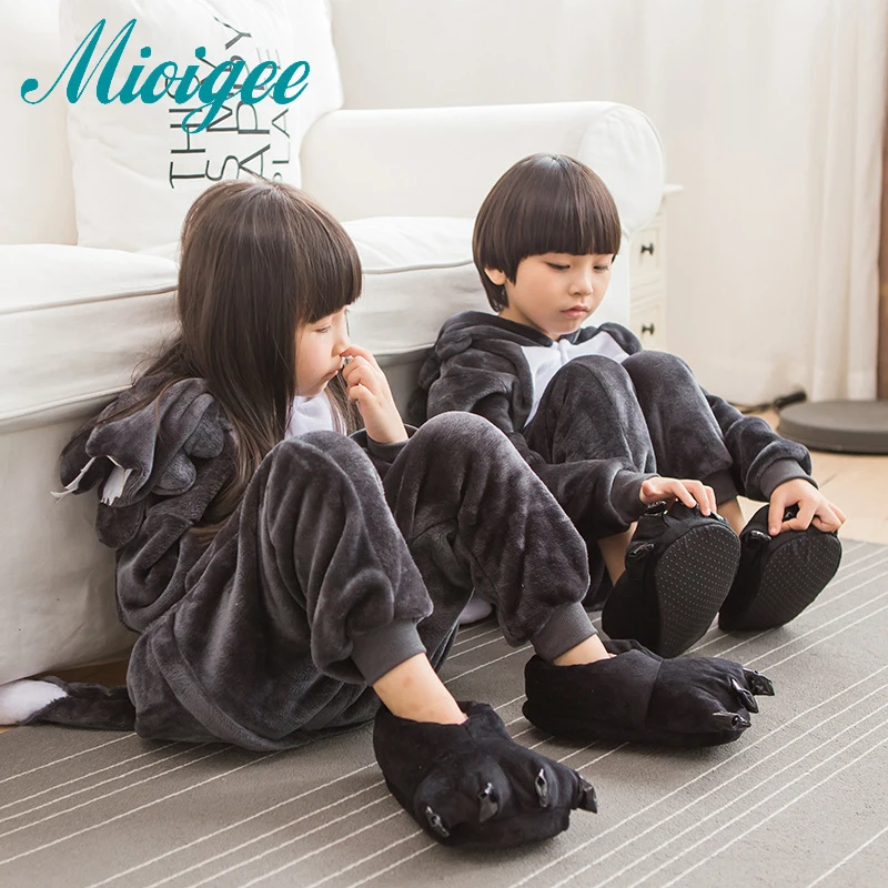 Mioigee 2018 Children Animal Big Wolf Kigurumi Pajamas Costume Winter Flannel Keep Warm Pajamas Kids Sleepwear for boy and girl